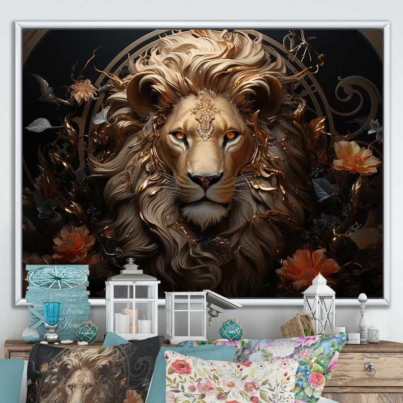 «Radiant Luminous Bronze Lion», reproduction sur toile, Cadre flottant blanc, H 12 po x l 20 po
