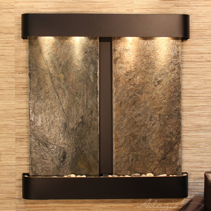 Aspen Falls Natural Stone Fountain with Light, Blackened Copper, Green Slate