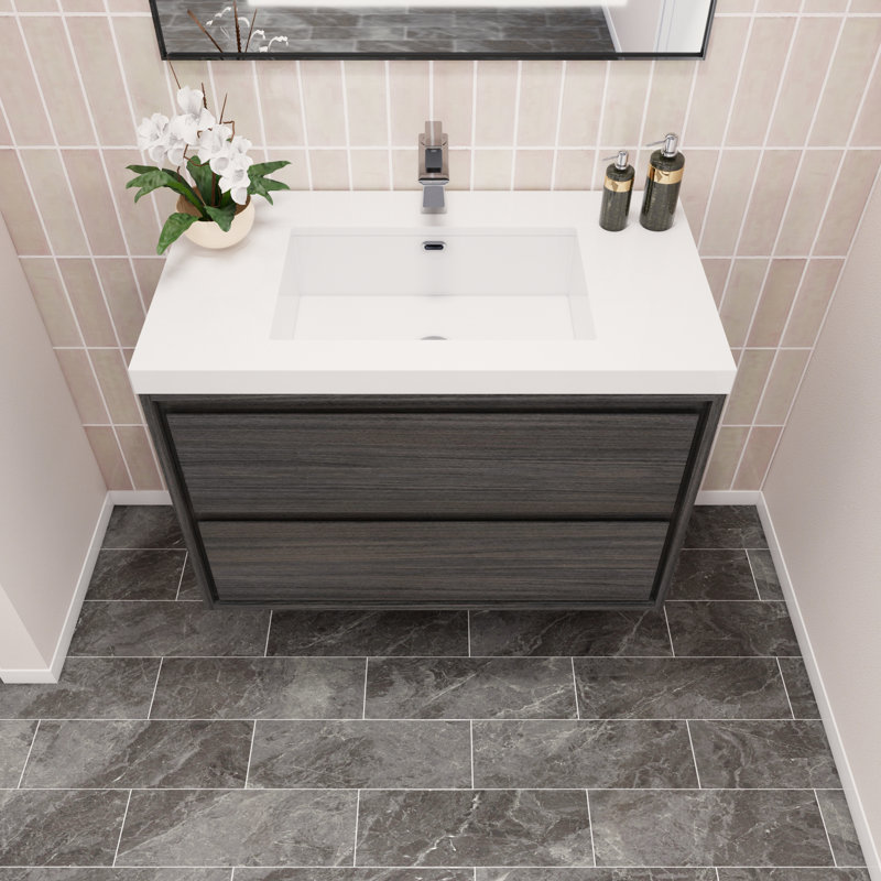 Ensemble de meuble-lavabo simple mural 36 po Wittig, Chêne gris