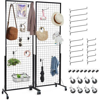 2 or 3 Packs Grid Wall Panels, 2' X 5.6' Grid Wall Panel Display Stand with Triangle T-Base Floorstanding, Heavy Movable Gridwall Panel for Art Fairs Craft Shows Retail Display with 8 Clips and 15 Hooks