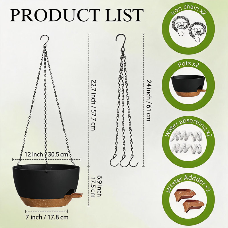Ensemble de 2 jardinières suspendues en plastique de 30 cm (12 pouces), design bicolore avec bac à eau intégré, chaînes et crochets en fer pour balcon, terrasse et jardin. Plusieurs couleurs disponibles.