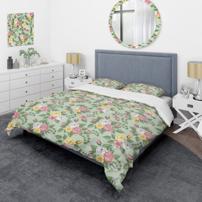 Green Leaf and Flowers - Ensemble de housse de couette floral - Polyester microfibre