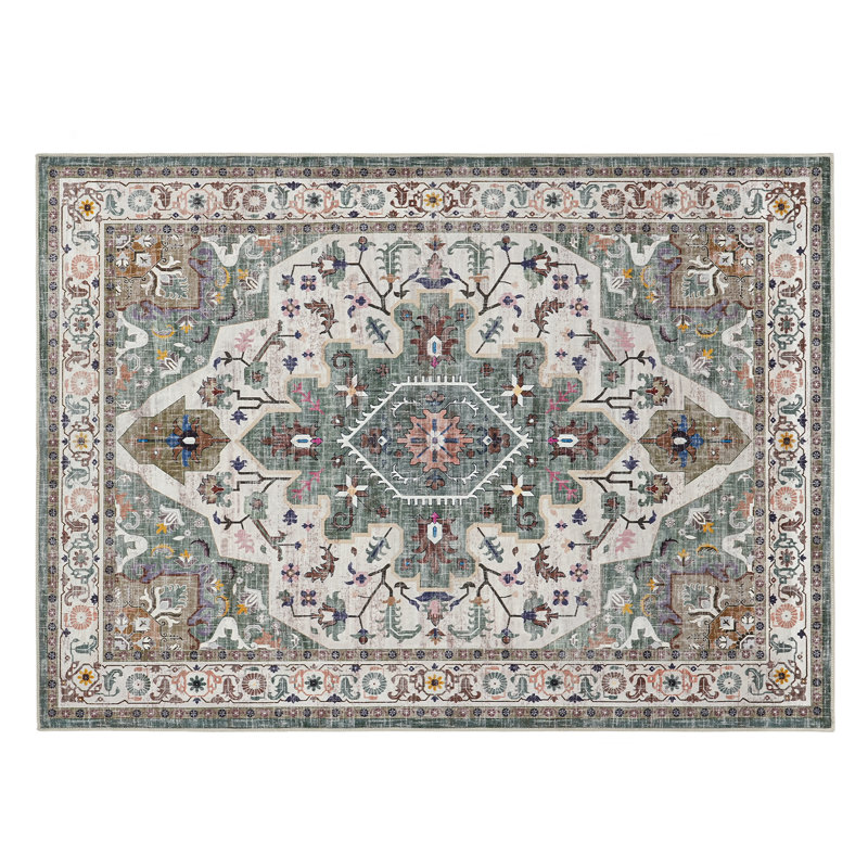 Washable Non-Slip Area Rug, Vintage Pattern Low-Pile Doormat, Rectangle 5' x 7'