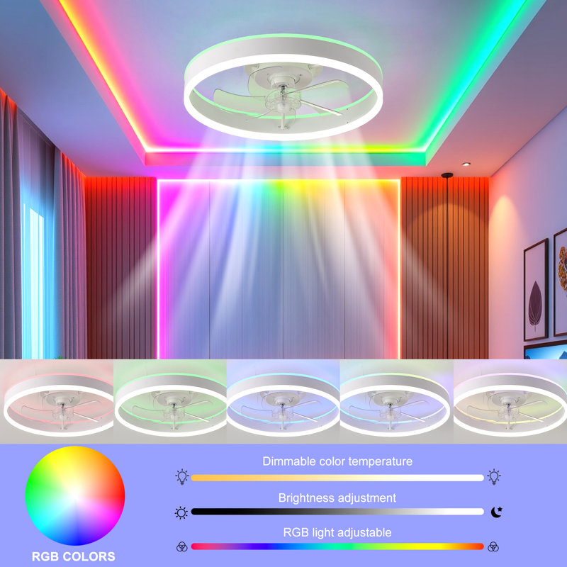 20" 6-Speed LED Dimmable RGB Reversible Modern Caged Ceiling Fan With Light And Remote Control