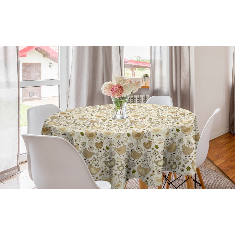 Chicken Round Tablecloth, Chunky Farm Animals In Polka Dots Flowers And Berries, Circle Table Cloth Cover For Dining Room Kitchen Decoration, 60", Brown Camel