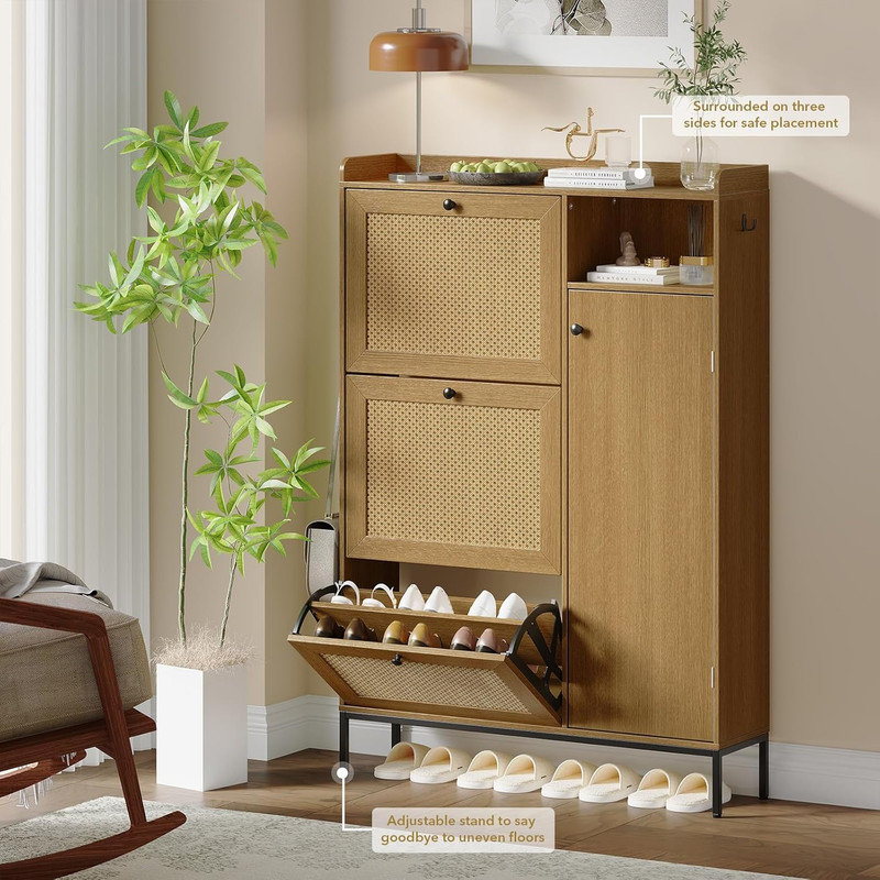 Range-chaussures en rotin avec 3 tiroirs rabattables et tablettes réglables, organisateur de vestibule mince avec boutons en métal, style bohème
