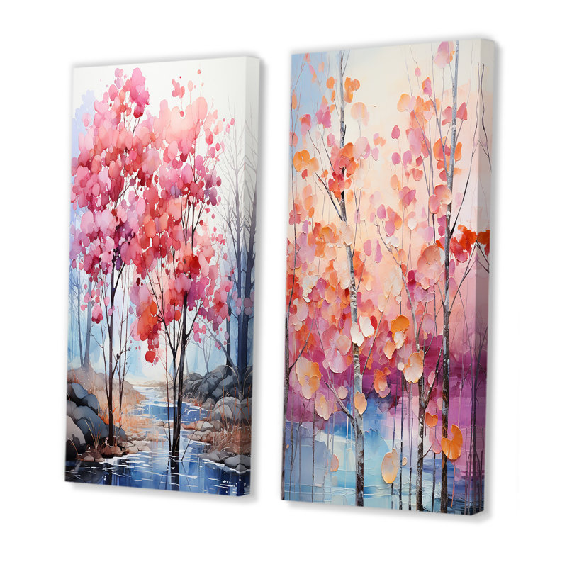 «Pink and Blue Trees Field Pointillism», 2 pièces, Toile tendue, H 40 po x l 40 po
