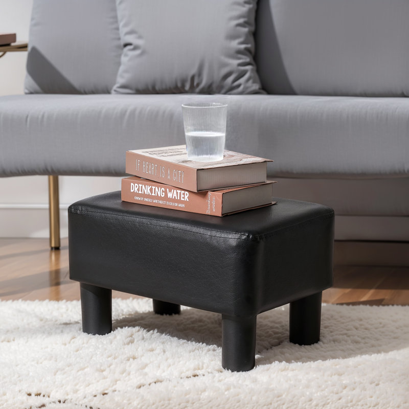 Leather Ottoman Small Footstool Rectangle Stool With Padded Seat, Black