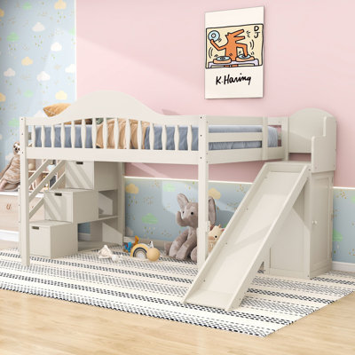 Wooden Loft Bed with Storage Stairs, Slide, Built-In Wardrobe and Full-Length Guardrails