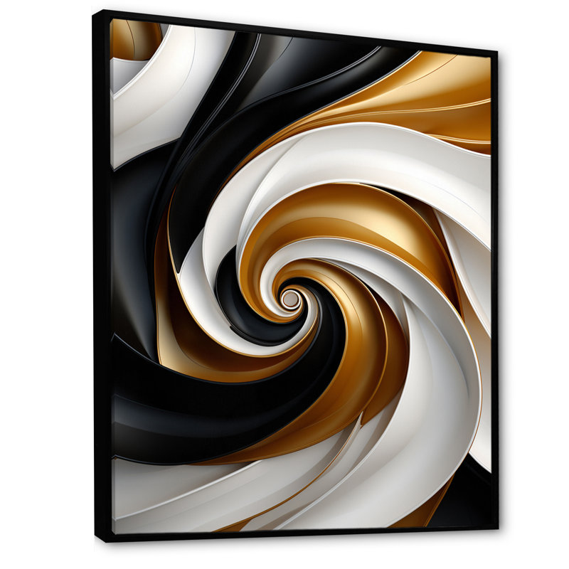 Abstrait spirale abstraite liquide or noir et double spirale abstraite, H 44 po x l 34 po x P 1,5 po, Cadre flottant noir