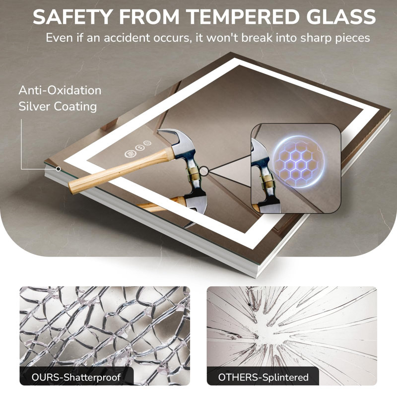 Frameless LED Bathroom Mirror 28x20 Inch, Tempered Glass, Wall-Mounted Vanity Mirror with Anti-Fog, 3 Colors Dimmable Light, Memory Function
