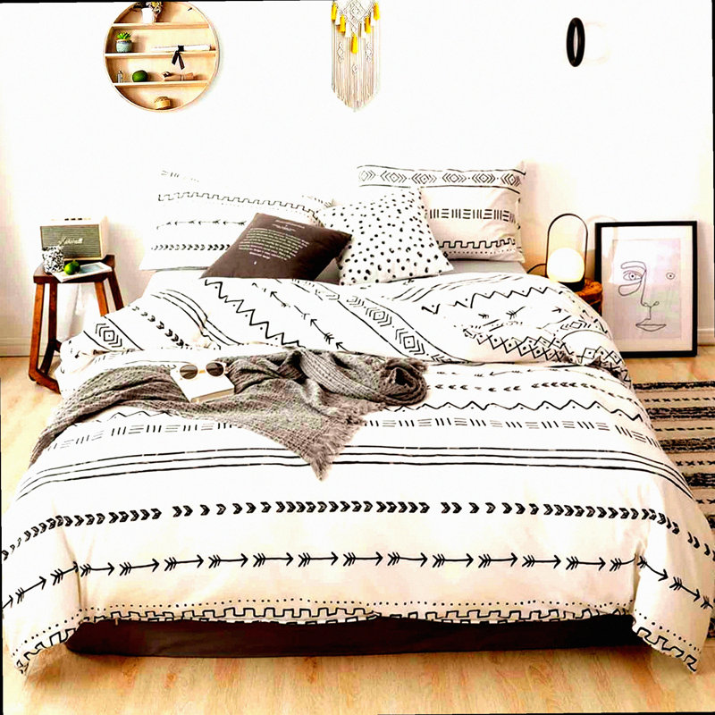 Geometric Farmhouse Stripe Duvet Set - Soft Boho Neutral Quilt Cover - Lightweight Microfiber Comforter - Patterned Bedding