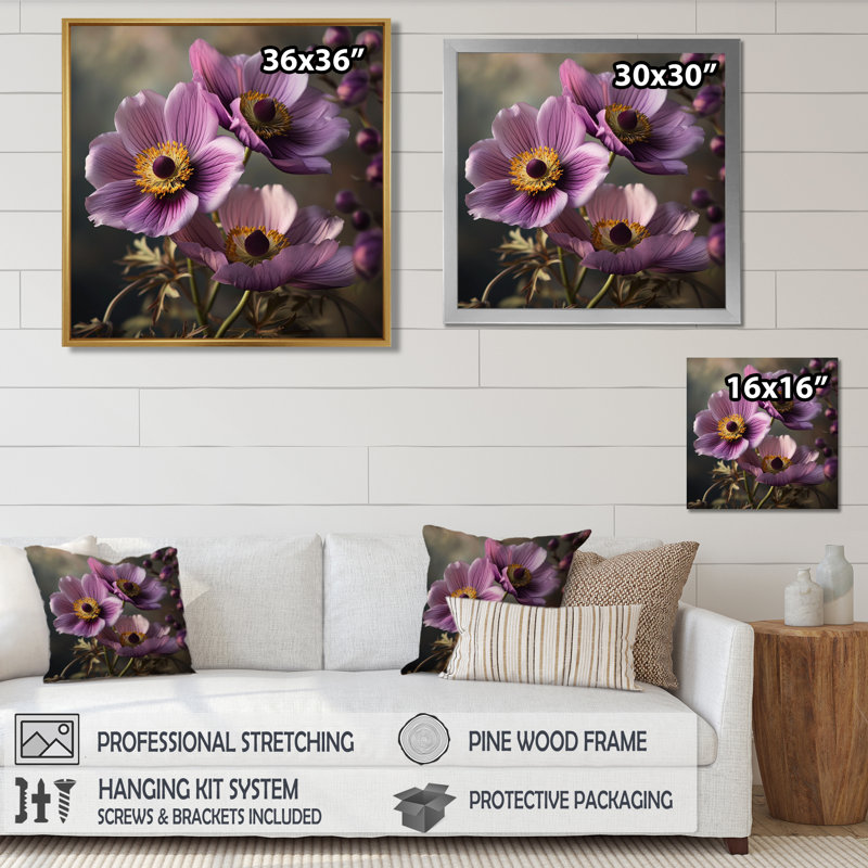 Gros plan d'une fleur d'anémone rose - art mural floral, Toile tendue, H 16 po x l 16 po x P 1 po
