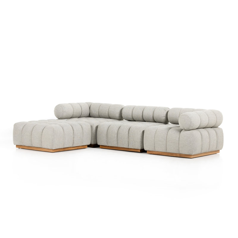 Roma Outdoor 3Pc Sectional W/ Ottoman-Hayes Cream, Left Hand Facing, Faye Ash Cushion/Natural Teak Frame