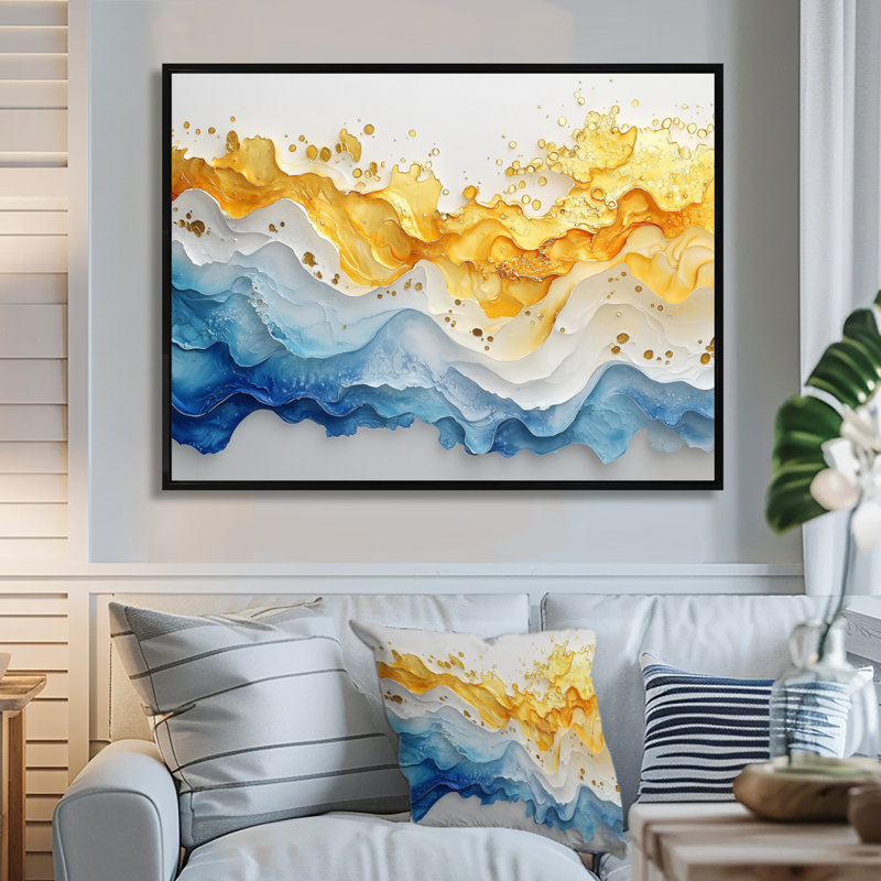 Luyster Blue Yellow Dream Lines II - vagues côtières, art mural, H 12 po x l 20 po, Cadre flottant, Noir, noir, noir, noir
