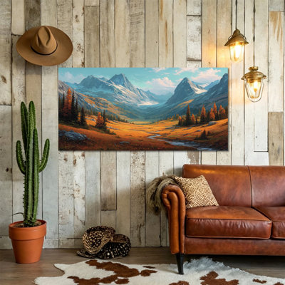 Grand paysage d'automne, art mural sur toile - Vallée d'automne, paysage, peinture, photo rustique pour salon, chambre à coucher, décoration murale, ferme, toile tendue avec cadre en pin, 24 po x 47 po