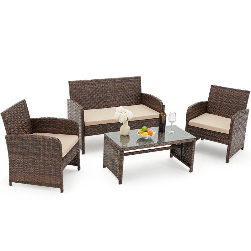 Ensemble de conversation en osier / rotin pour 4 personnes avec coussins, Brun, Beige