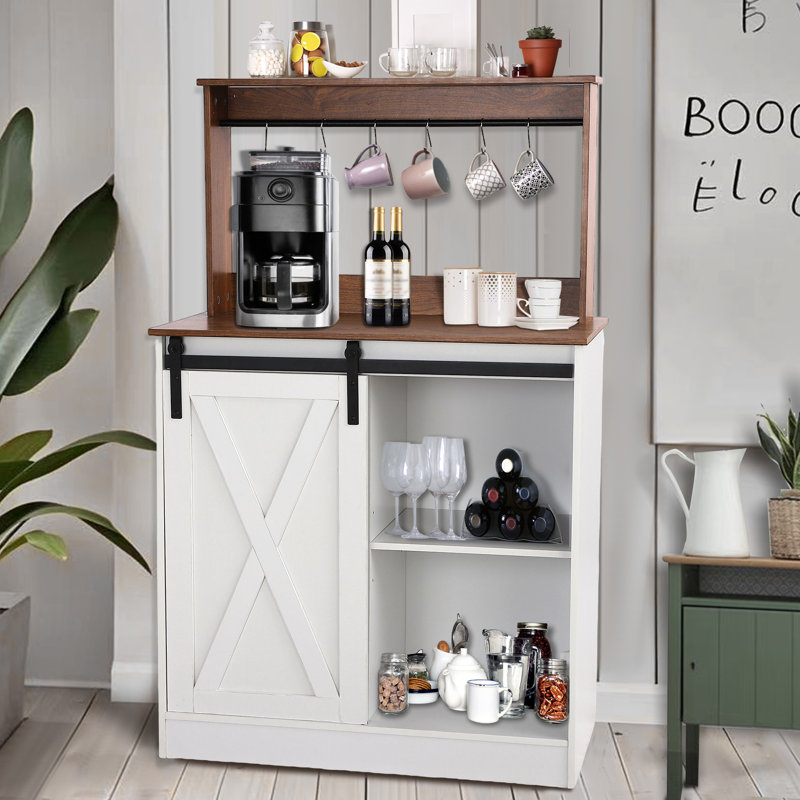 Farmhouse Coffee Bar with Sliding Barn Door, White Home Coffee Bar Station Cabinet with 6 Hooks Adjustable Shelves, Corner Hutch Buffet Cabinets with Storage