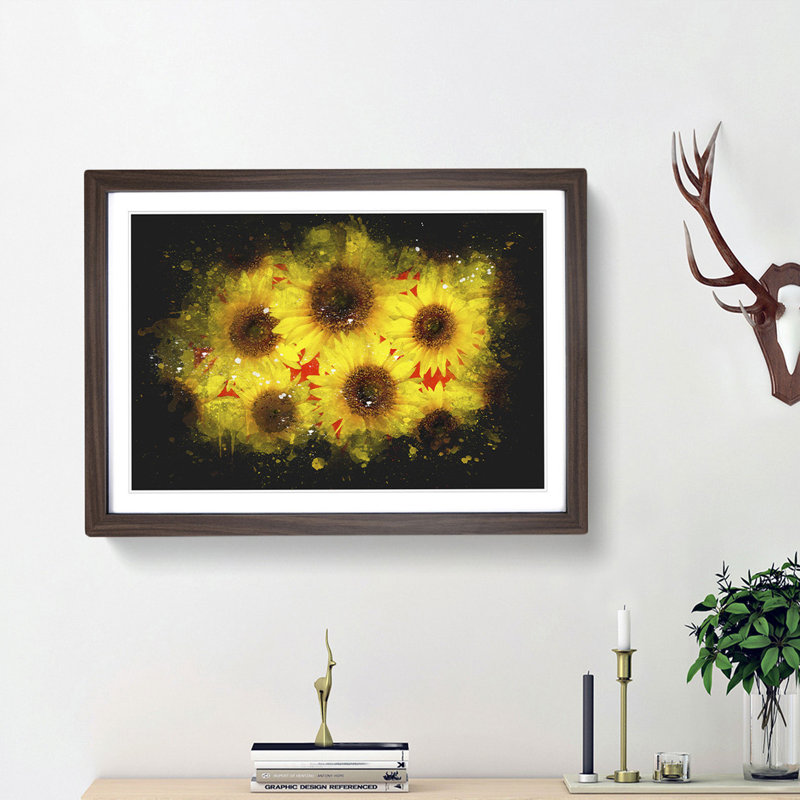 Wall of Yellow Sunflowers - Picture Frame Graphic Art Print, Walnut Framed, 62cm H x 87cm W x 2cm D