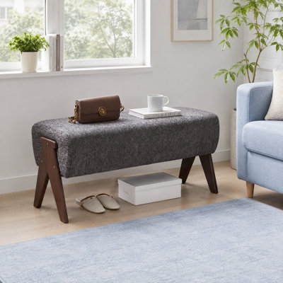 Mid-Century Modern Chenille Ottoman Bench with Wood Legs, Upholstered Footrest for Bedroom or Entryway