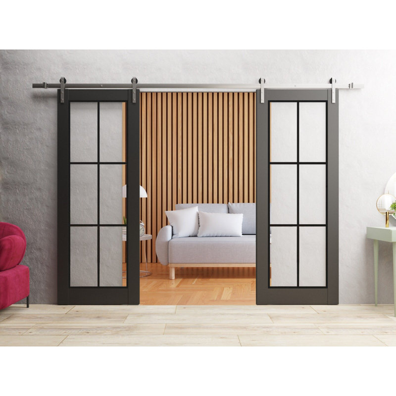 Porte de grange double robuste avec verre transparent | Lucia 2366 | Ensemble lourd de cintres en acier inoxydable 13 pi | Portes intérieures à panneau plein - Rail argenté - Verre transparent