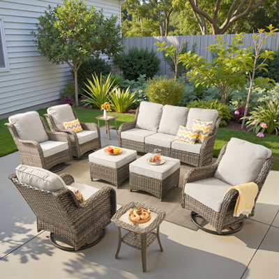 Ensemble de conversation d'extérieur en osier pour 7 personnes, canapé de patio et fauteuil pivotant avec coussins