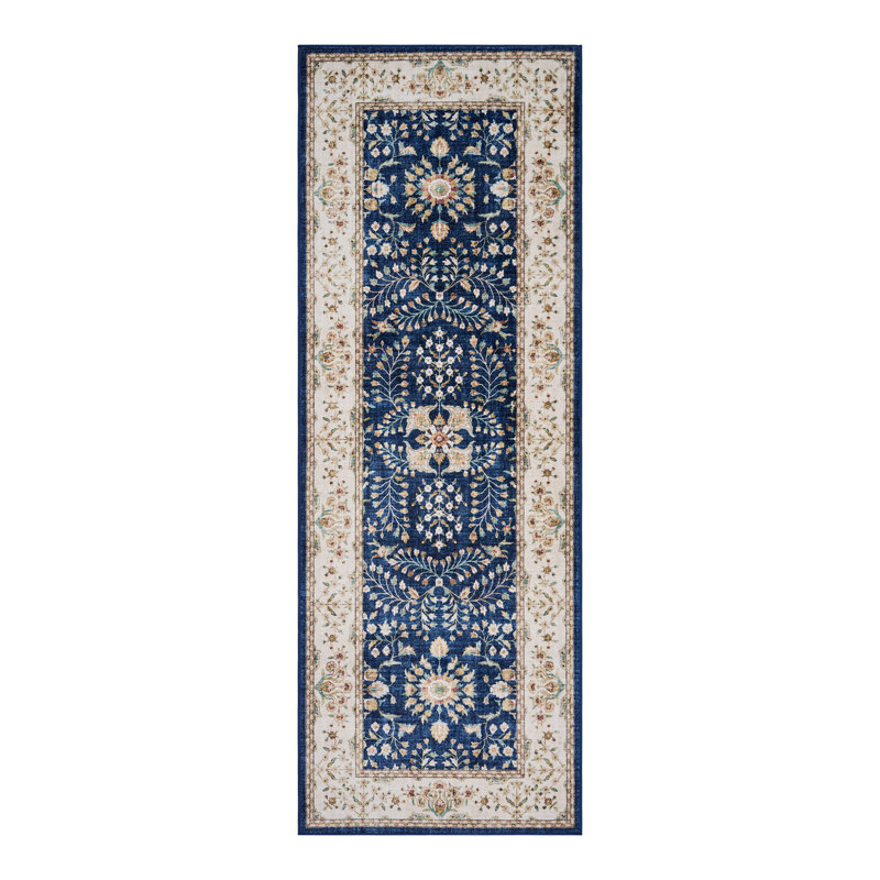  Everyday Chic Machine Washable Indoor Rug, Printed Soft Flannel Polyester with Non-Slip Backing,  Seda Navy 2x6, Navy