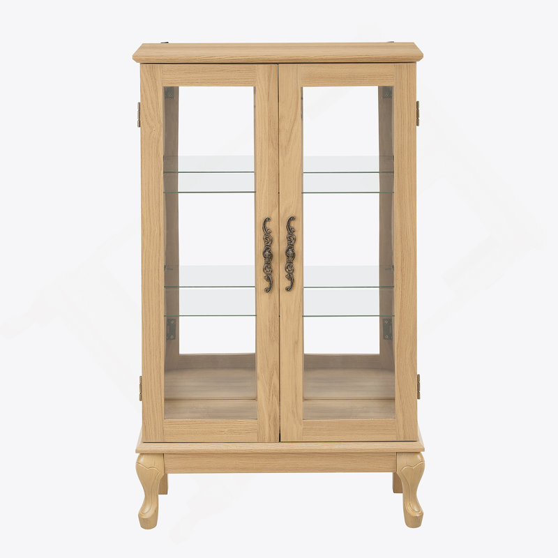 Vitrine de style américain en verre avec pieds courbés, grands tiroirs et poignées en métal, Beige