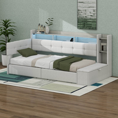 Daybed With Storage Drawers, Shelves And Footstool, Upholstered Corner Bed With LED Light, Charging Station And Headboard