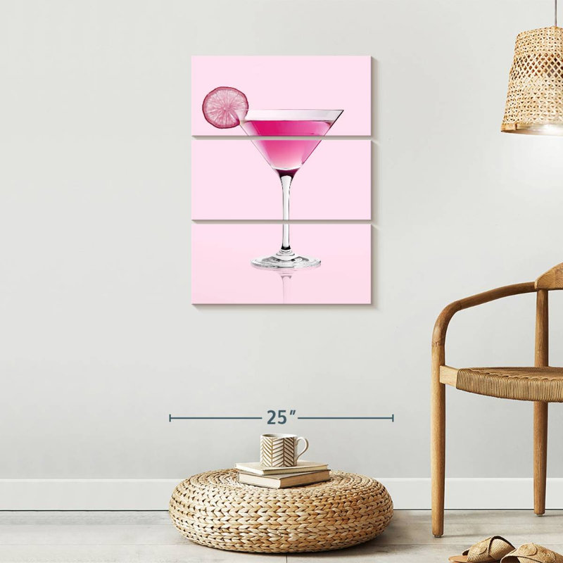 Cocktail rose martini sur toile, 3 pièces, H 32 po x l 20 po x P 1 po