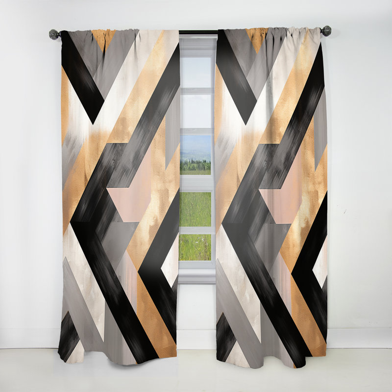 Everley Black And Gold Geometric Tiles III - Abstract Curtain - Velvet Room Darkening - 1 panel, 52" W x 90" L
