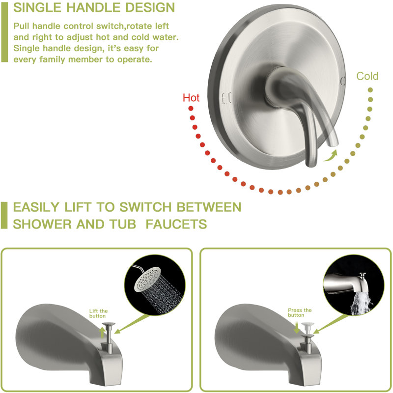 Pomme de douche murale ronde 10 po avec douchette cascade en nickel brossé - Valve, réglable à 360 °, facile à installer et à entretenir