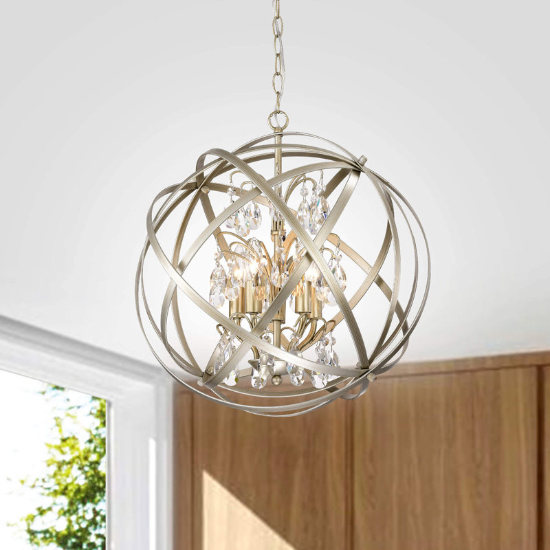 Lustre orbe en cristal 5 lumières l 18,9 po Quon, Champagne brossé