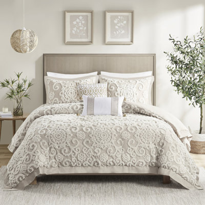 Housse de couette très grand 100% coton taupe avec médaillons et broderie en chenille tridimensionnelle, fermeture à boutons, 2 taies décoratives taupe, coton, taille, housse, taies décoratives assorties, standard