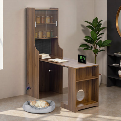Bureau moderne pliable en bois avec huche et rangement, bureau de jeu avec tablettes pour les animaux de compagnie à domicile, poste de travail peu encombrant avec lit pour chat gratuit