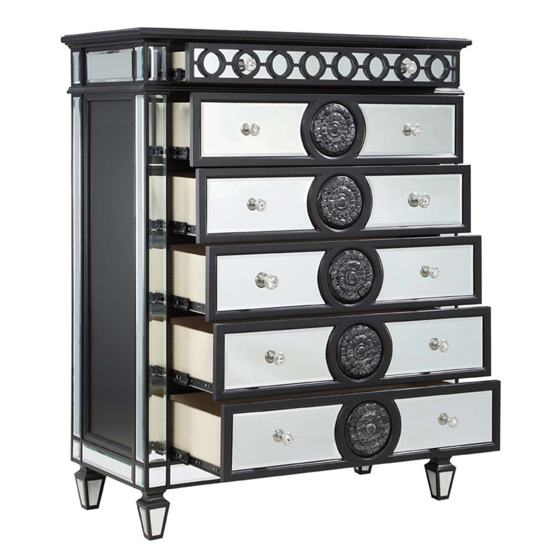 Commode 6 tiroirs Varian II, miroir, noir et argent