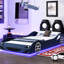 Lit simple bleu en bois en forme de voiture de course avec dossier à DEL et rembourré - Voiture confortable avec dossier rembourré confortable et sécuritaire-1873913350