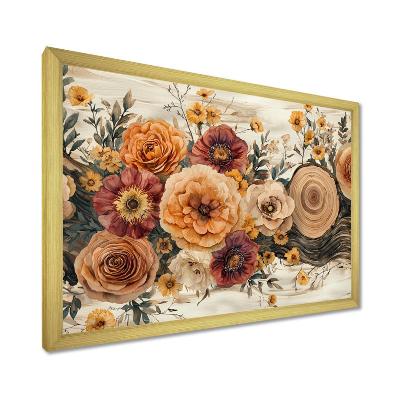 Bouquet d'automne assorti de fleurs sur une glissade en bois - Art mural de bouquets assortis pour le salon, Avec cadre, Doré