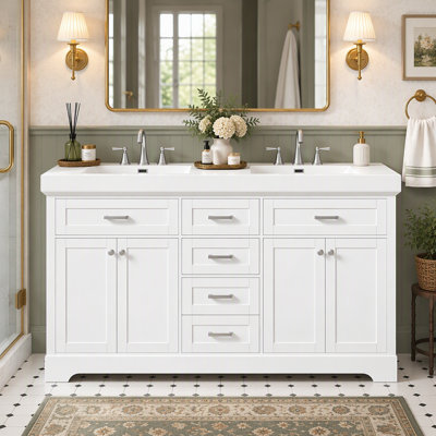 Double Sink Bathroom Vanity with MDF Cabinet, 4 Doors, 1 Divided Drawer, 2 Storage Drawers, 2 Flip Drawers