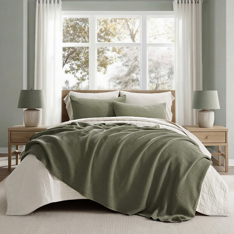Evergrace 100% Cotton Waffle Weave Coverlet Set With Matching Shams, Lightweight Breathable All-Season Bedding, Olive Green