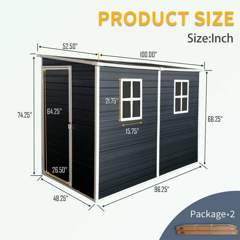 Storage shed with Floor, Two Windows and Lockable Doors, Black