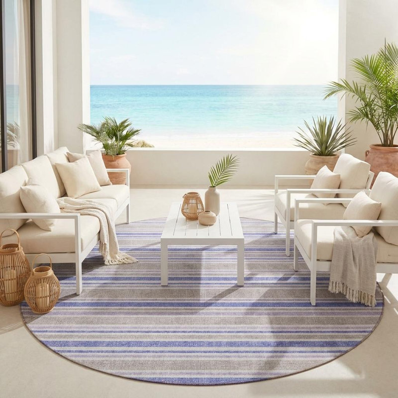 Tapis intérieur / extérieur rond rayé ivoire et gris HomeRoots 8 pi