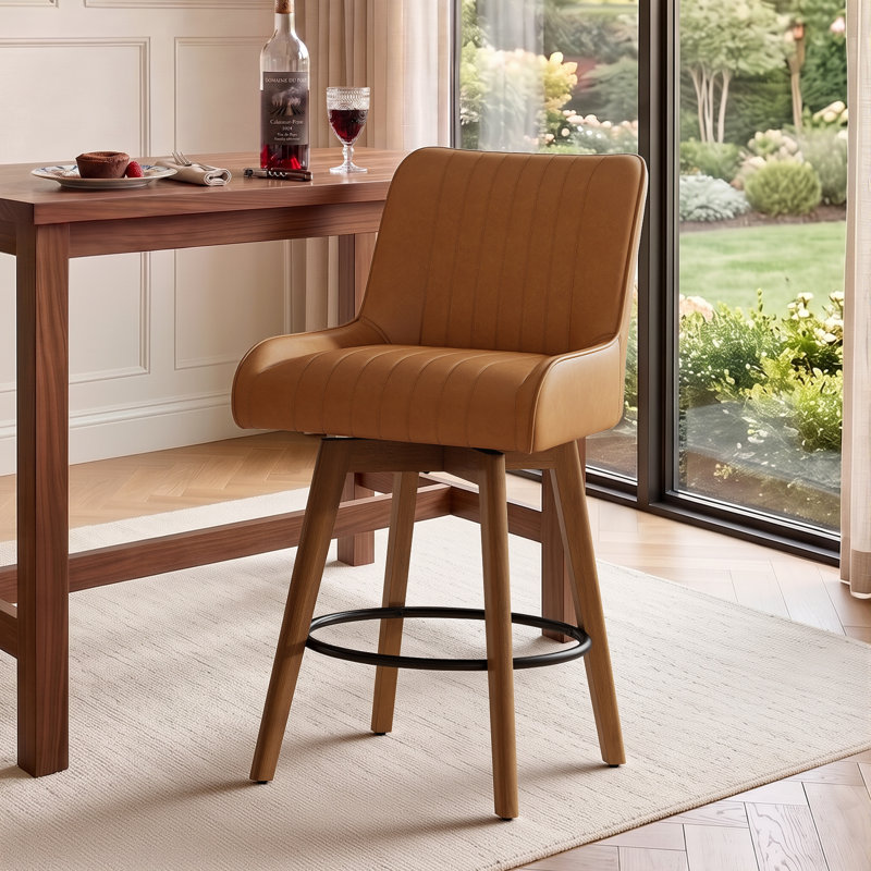 Extra-Wide 360° Swivel Bar Stool With Pocket Spring Seat & Solid Wood Base, Brown