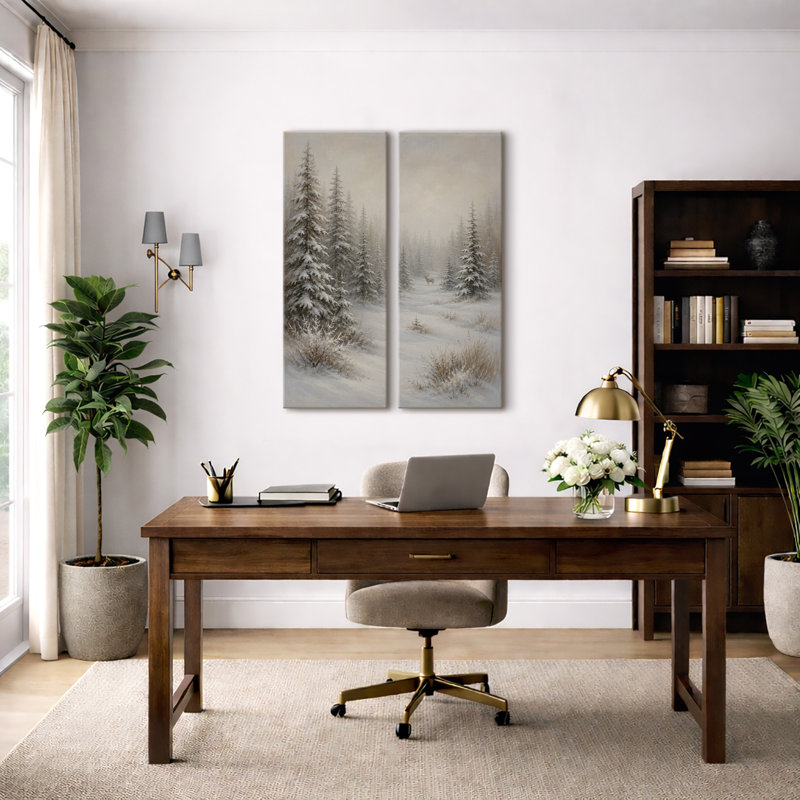 «Snowy Evergreen Forest Landscape with Deer and Misty Winter Scenery», art mural pour salon, chambre à coucher, chalet, bureau, entrée, couloir - ensemble de 2 reproductions d'art encadrées sur toile 32 po x 12 po x 2
