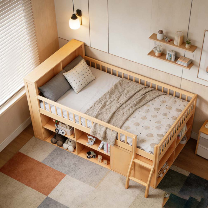 Lit mezzanine double avec rangement, Bois, Lit double