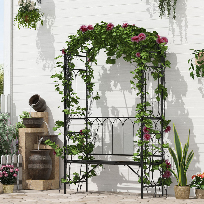 Banc de jardin en métal à treillis pour plantes grimpantes - Raisins, vignes, capacité de charge de 484 lb, arche de finition noire avec charge décorative,