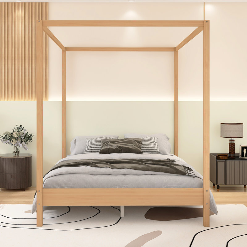 Queen Size Canopy Bed Frame Four Poster Platform Bed, Yellow, Queen