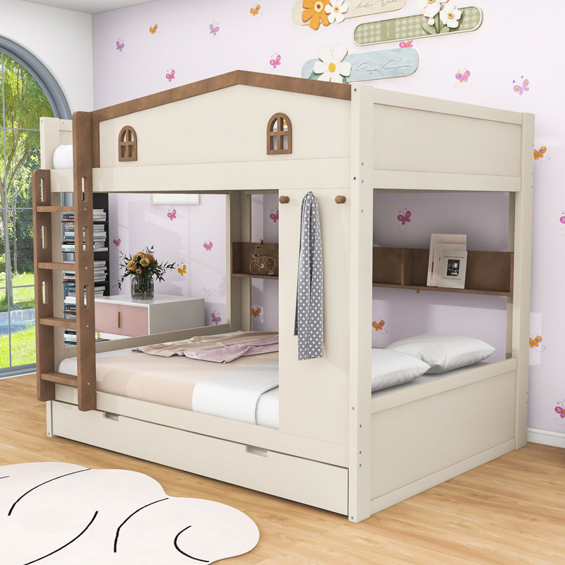 Lit superposé en bois avec lit gigogne, crochets et tablettes latérales, Naturel beige, Lit superposé grand sur grand