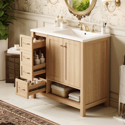 Meuble-lavabo 36 po avec comptoir d'évier, meuble-lavabo avec deux portes et deux tiroirs, bois massif, tablette ouverte, planches en MDF, deux ensembles, naturel