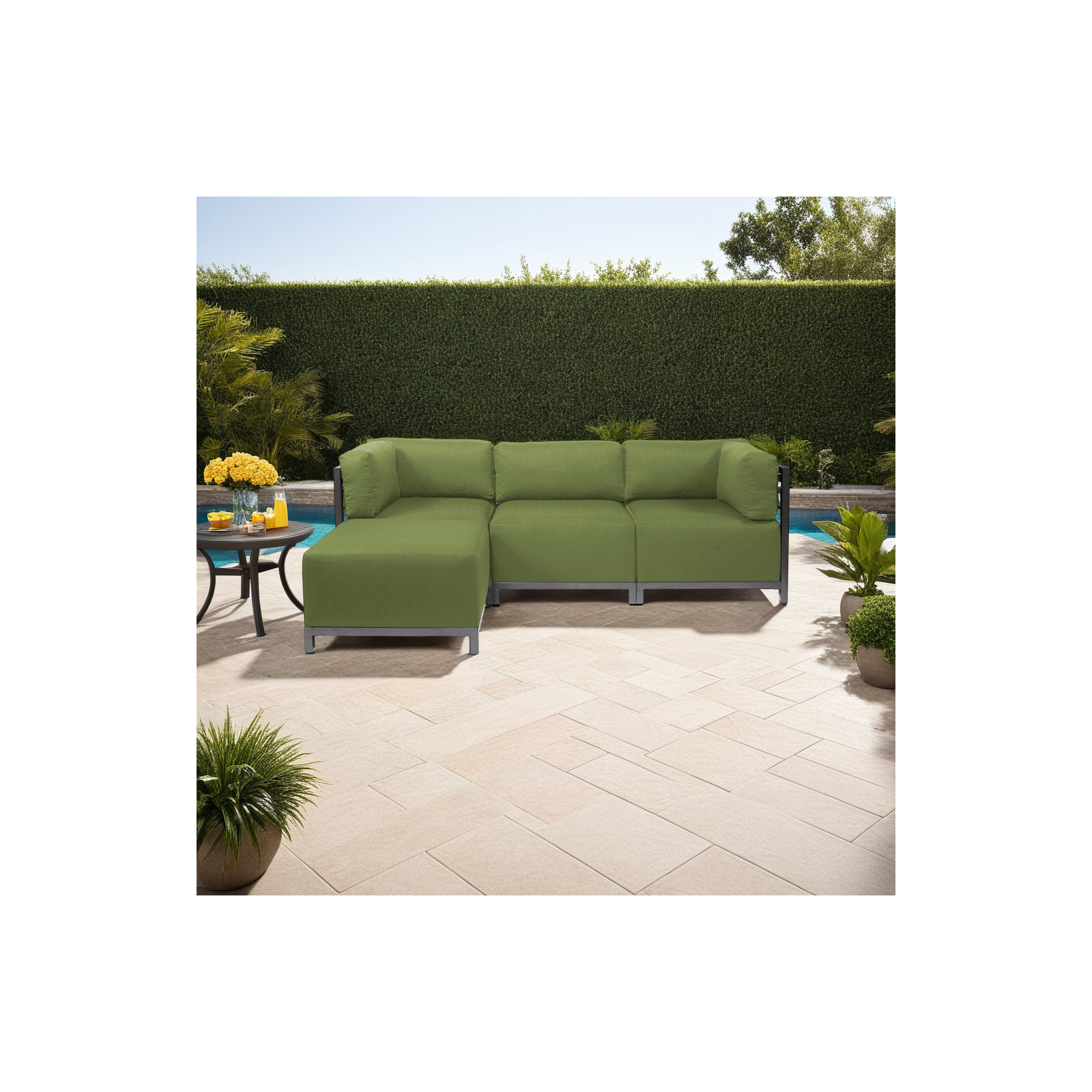Olen 95.5'' Wide L-Shaped Steel Patio Sectional with Cushions, Titanium, Moss Sunbrella